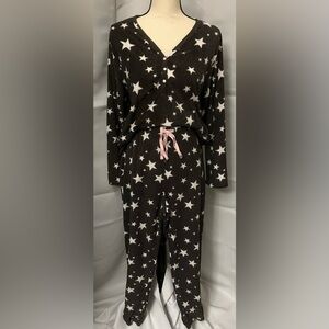 Star Patterned Blue and White Women's Pajama Set with Pink Button and Waist Tie